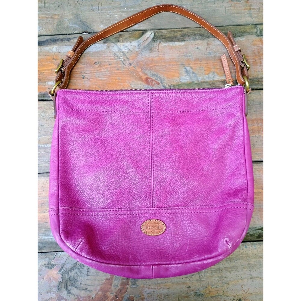 Fossil Leather Hobo Bag Magenta Purple Pebbled Genuine Leather Purse Shoulder